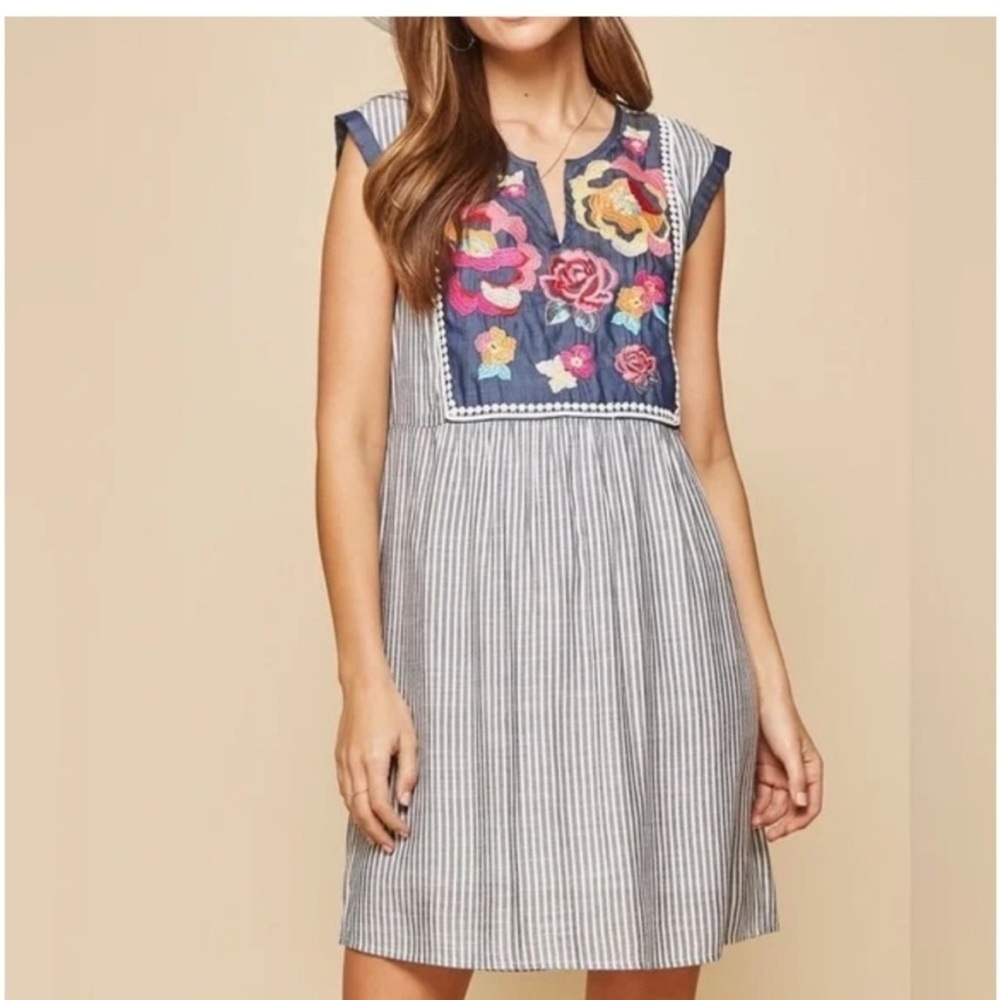 Savanna Jane Floral Embroidered Stripe‎ Mini Dress Tunic